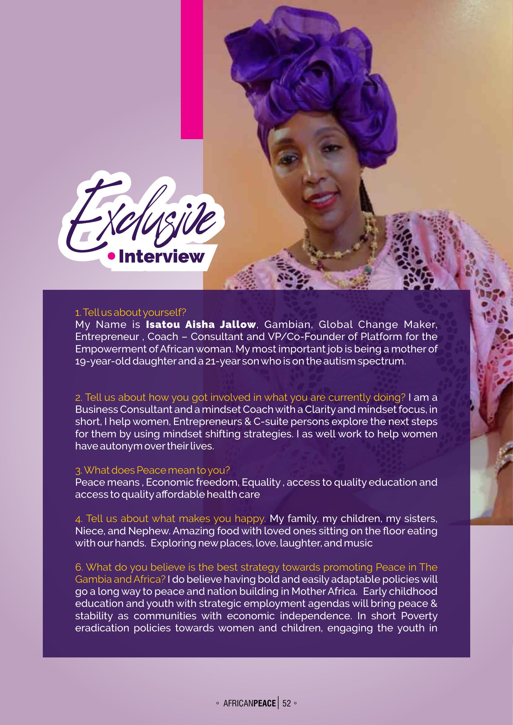 African Peace Magazine exclusive interview with Isatou Aisha Jallow, page 1